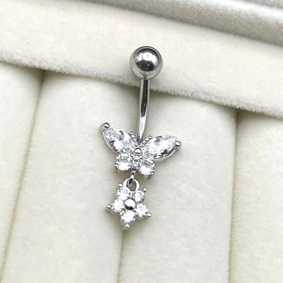 316L Stainless Steel with Diamond Cubic Zirconia Flower and Butterfly Belly Ring - Picture 4 of 7